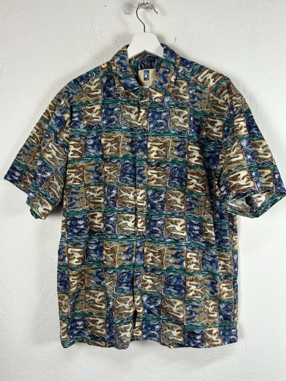 VINTAGE KAHALA Mens Abstract Print Aloha Hawaiian Shirt Blue Brown Coastal Large